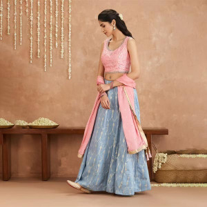 Pink and Blue Crop Top With Skirt and Dupatta